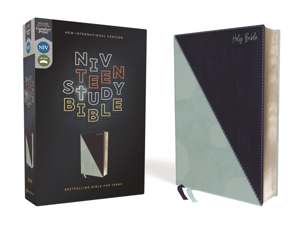 Front cover of teal NIV Teen Study Bible with comfort print design and title.