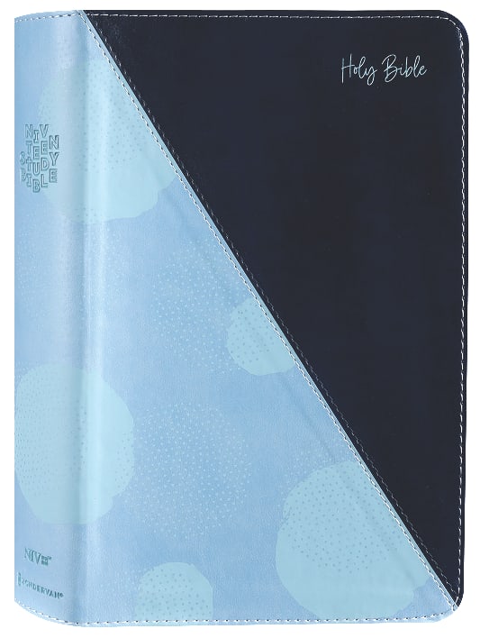 NIV Teen Study Bible teal comfort print edition on a bookshelf with other books.