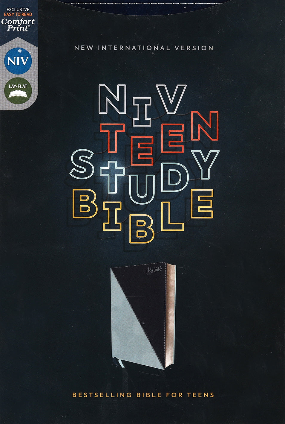 Close-up of NIV Teen Study Bible pages with teal comfort print design.