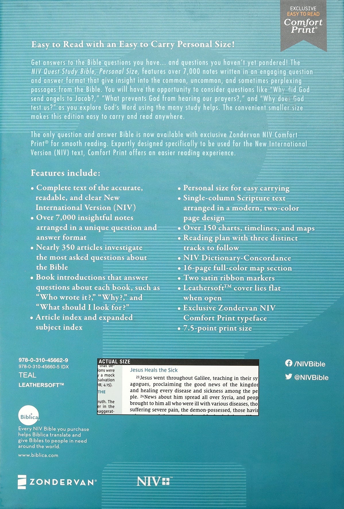 Close-up of NIV Quest Study Bible personal size teal thumb indexed text and design