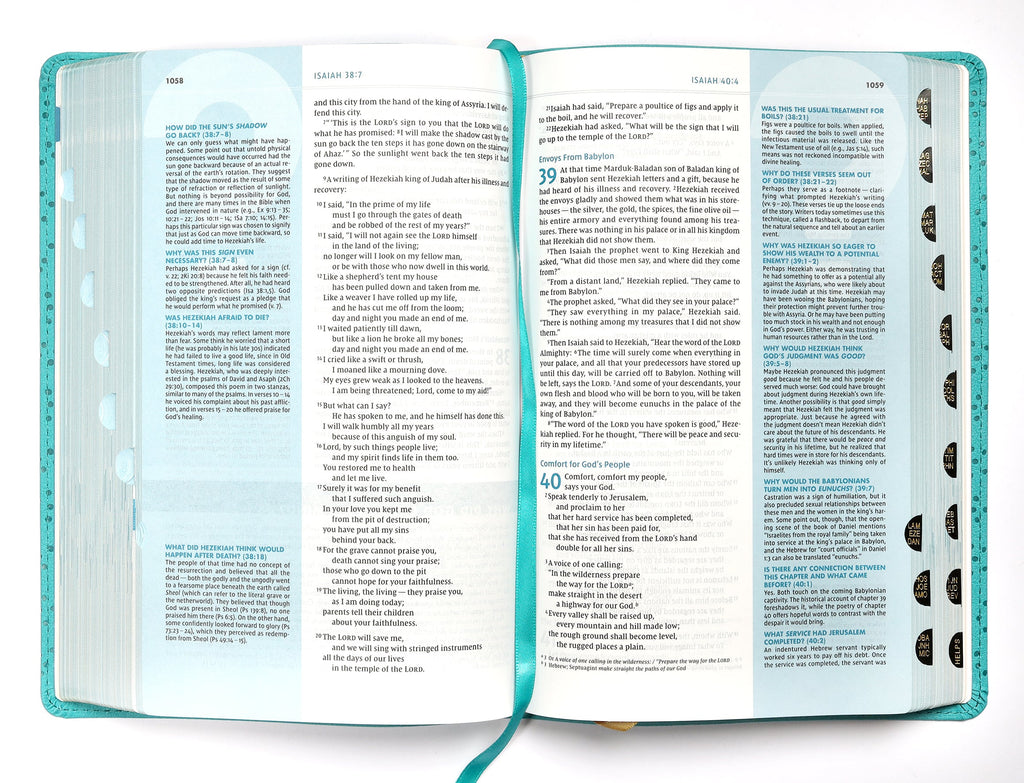 NIV Quest Study Bible personal size teal thumb indexed open to a page with notes and commentary