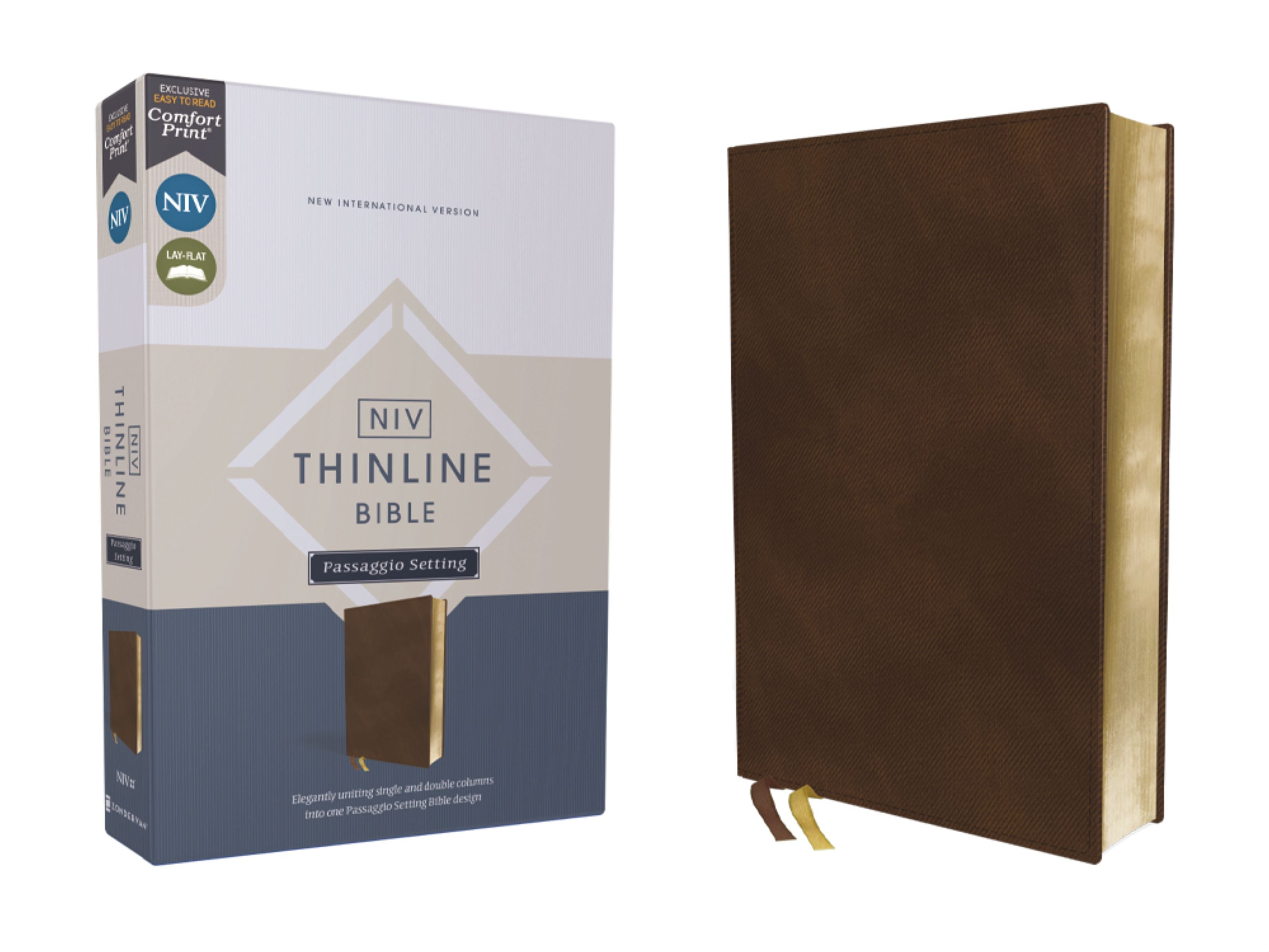 NIV Thinline Bible with Passaggio setting in brown with red letter edition