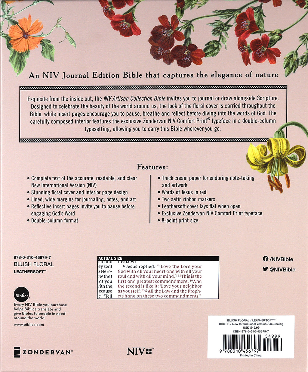 NIV Artisan Collection Bible's cover art featuring blush floral design with red letter edition