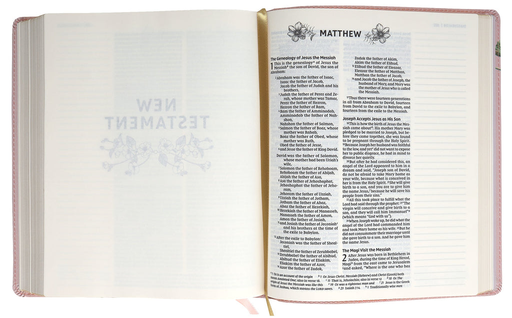Close-up of NIV Artisan Collection Bible's blush floral cover with red letter edition