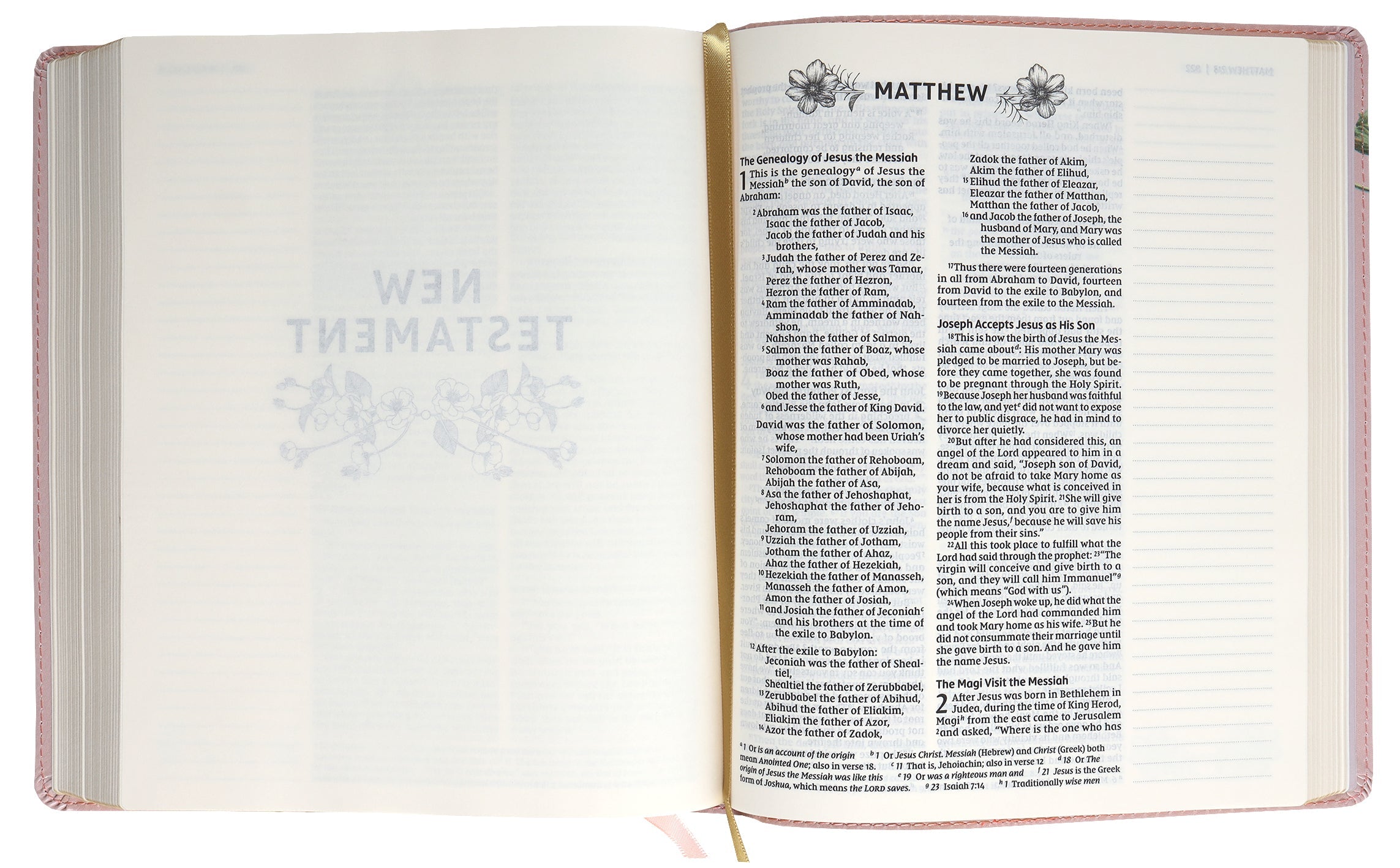 Close-up of NIV Artisan Collection Bible's blush floral cover with red letter edition