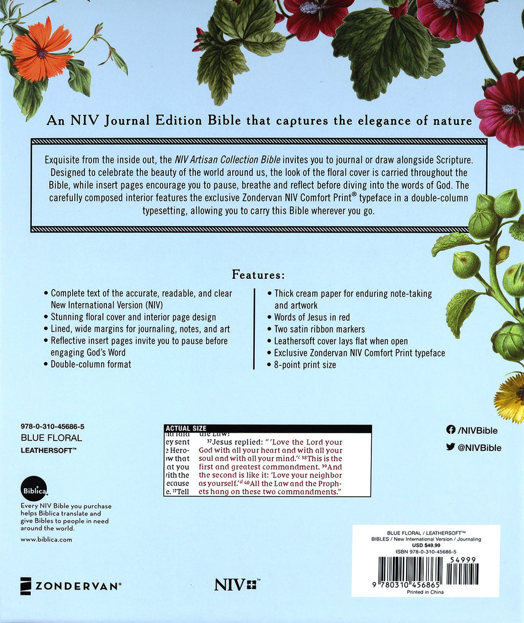 Close-up of NIV Artisan Collection Bible Blue Floral Red Letter Edition