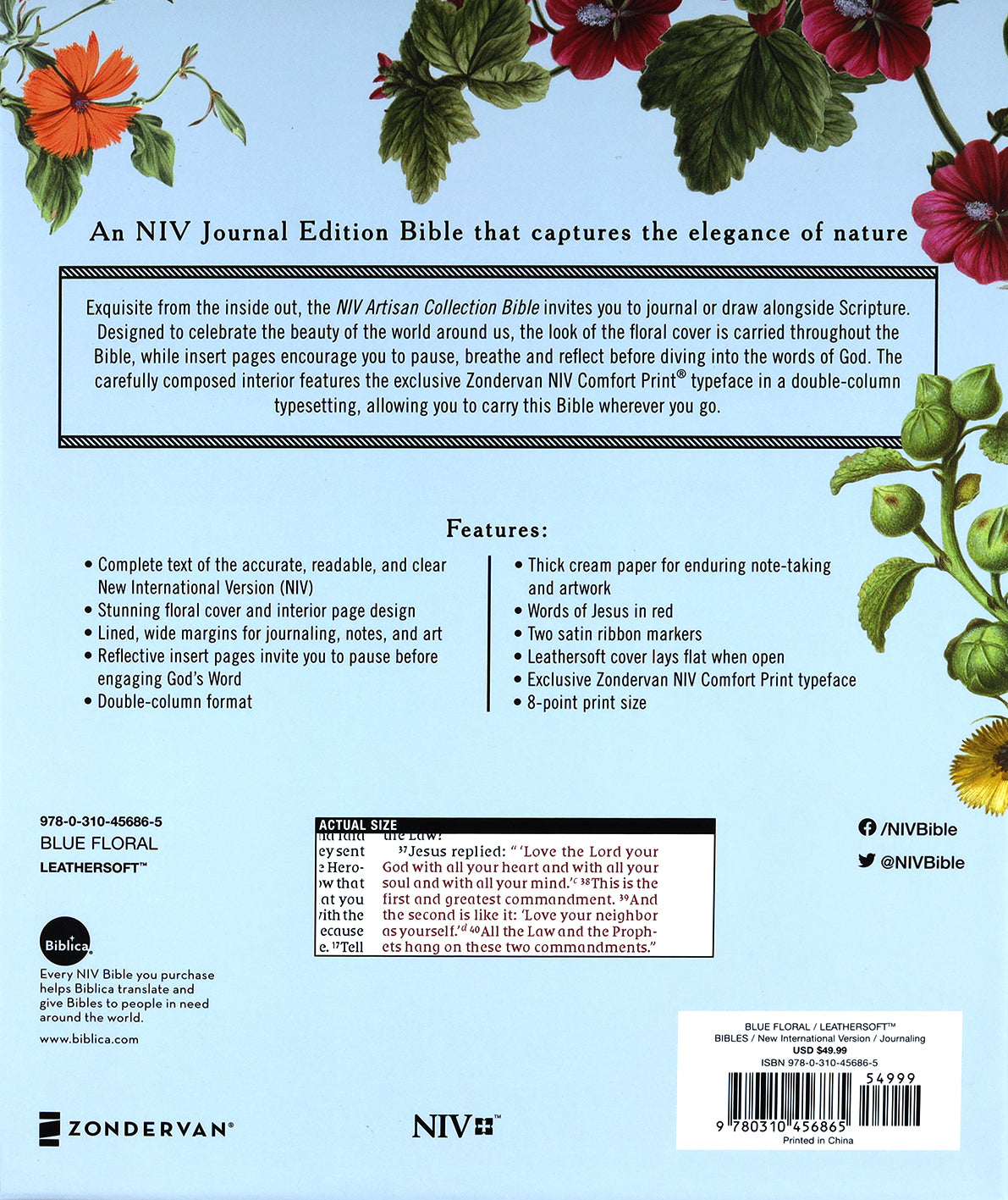 Close-up of NIV Artisan Collection Bible Blue Floral Red Letter Edition