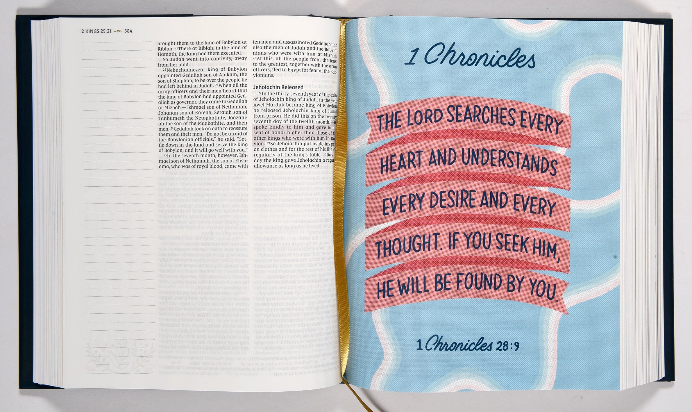 NIV Radiant Virtues Bible lying open on a desk or table with pink cover visible