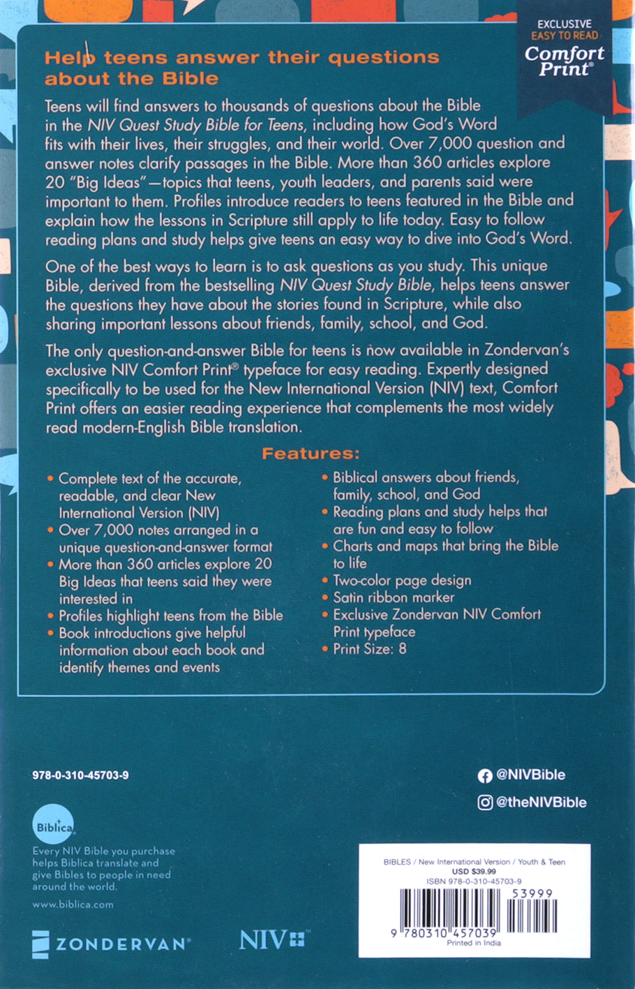 Close-up of NIV Quest Study Bible for Teens Navy Blue Edition cover art