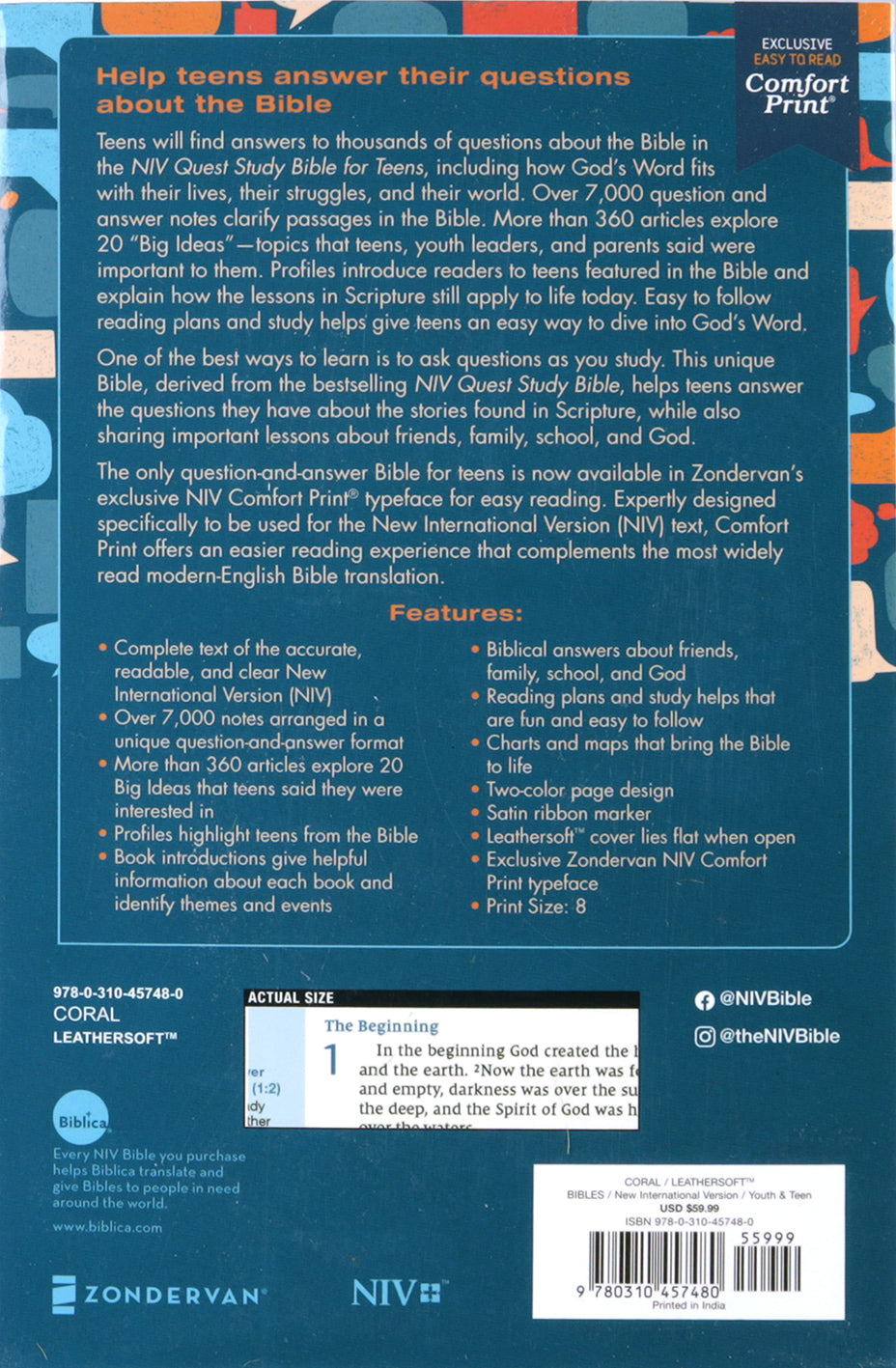 NIV Quest Study Bible for Teens in coral cover, perfect for teen Bible reading and study.