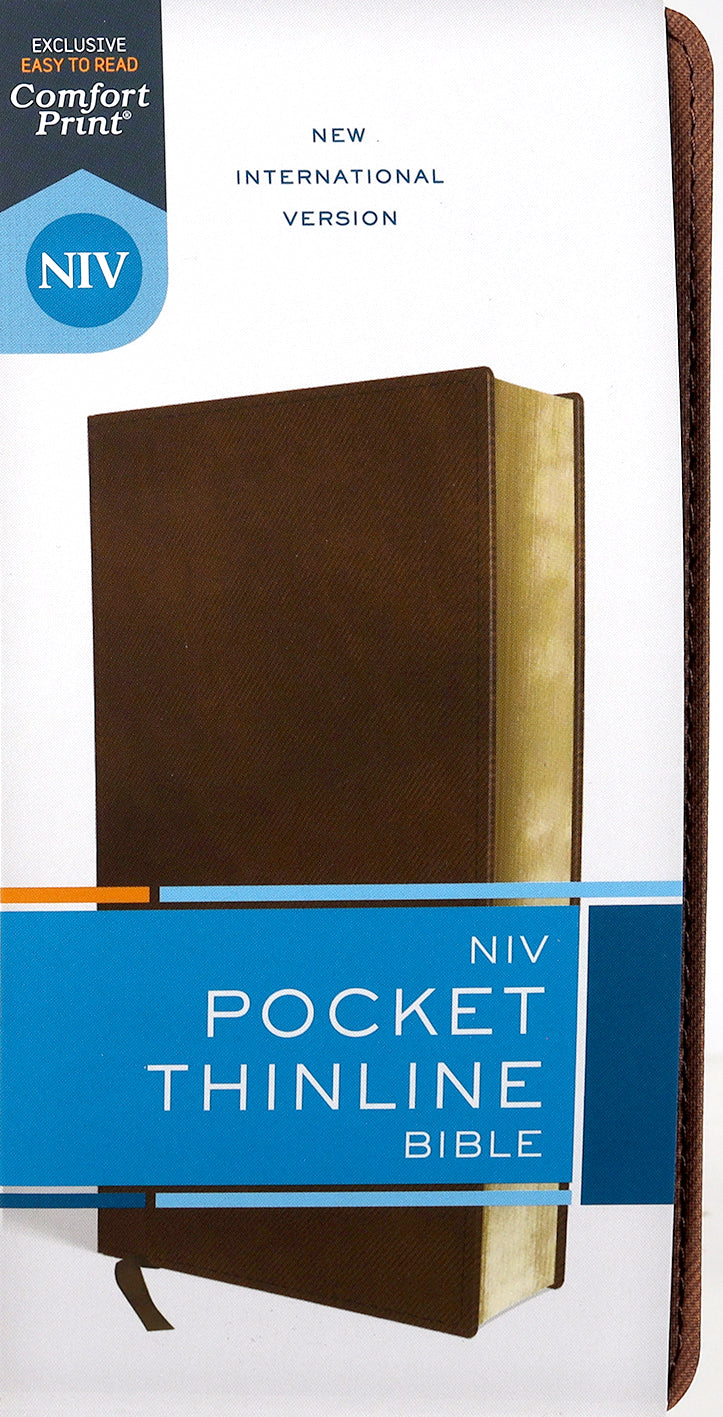 Side view of NIV Pocket Thinline Bible in brown red letter edition