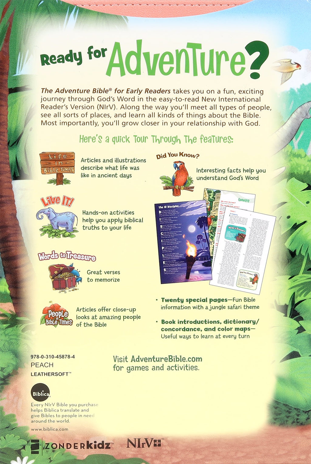 Close-up of NIrV Adventure Bible for Early Readers, coral full color, Bible for early learners