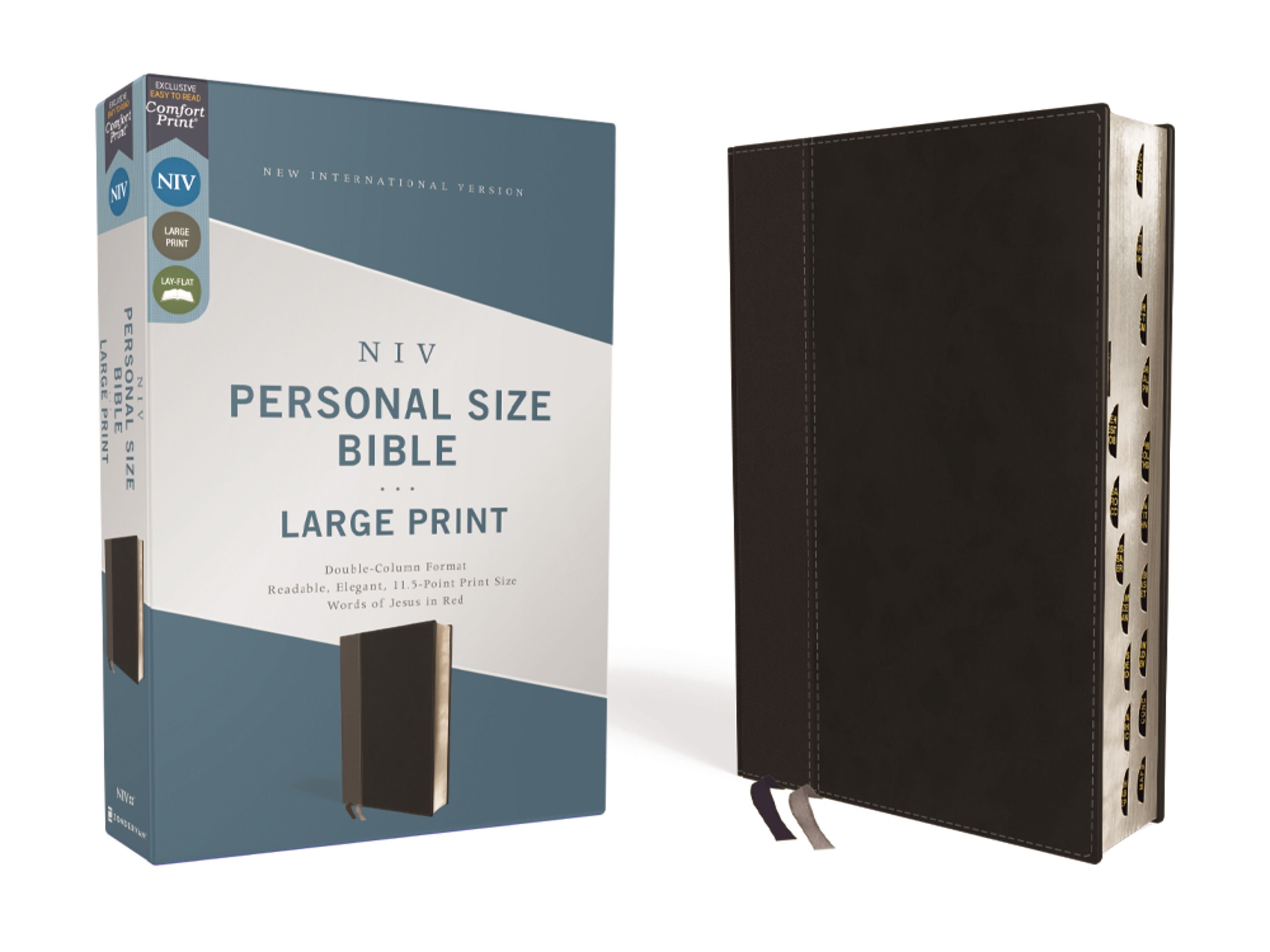 NIV large print black thumb indexed Bible in a personal size with red letter edition