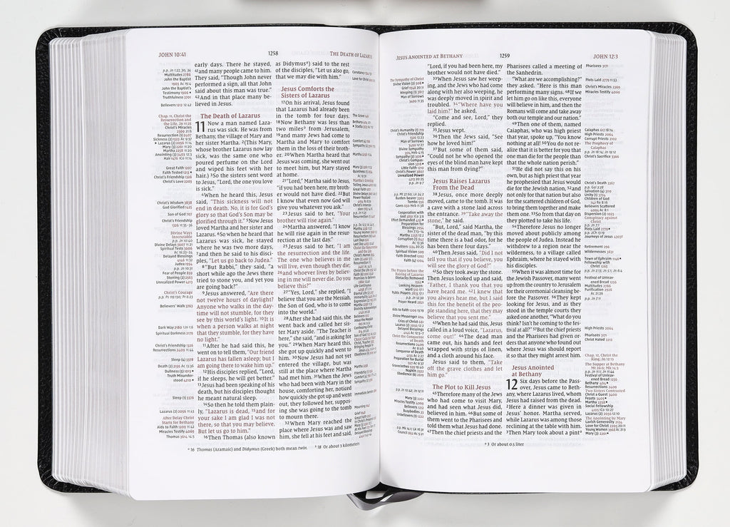 NIV Thomson Chain-Reference Bible in handy size black with red letter edition on a flat surface
