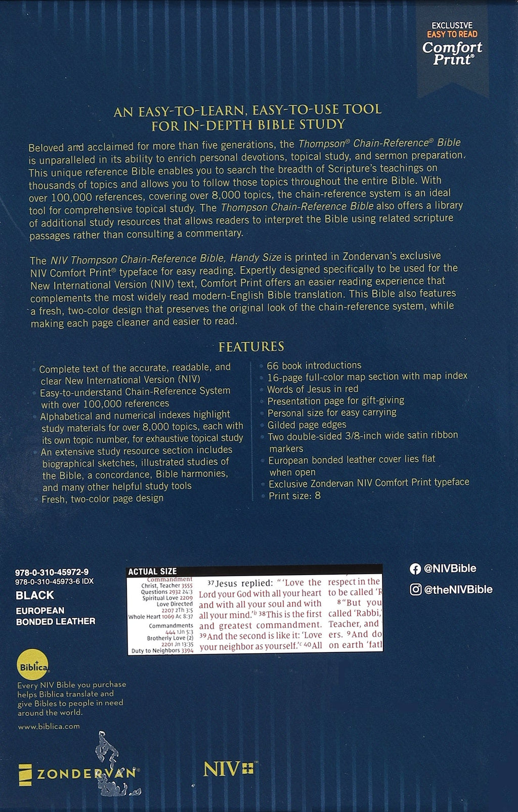Front cover of NIV Thomson Chain-Reference Bible in handy size black with red letters
