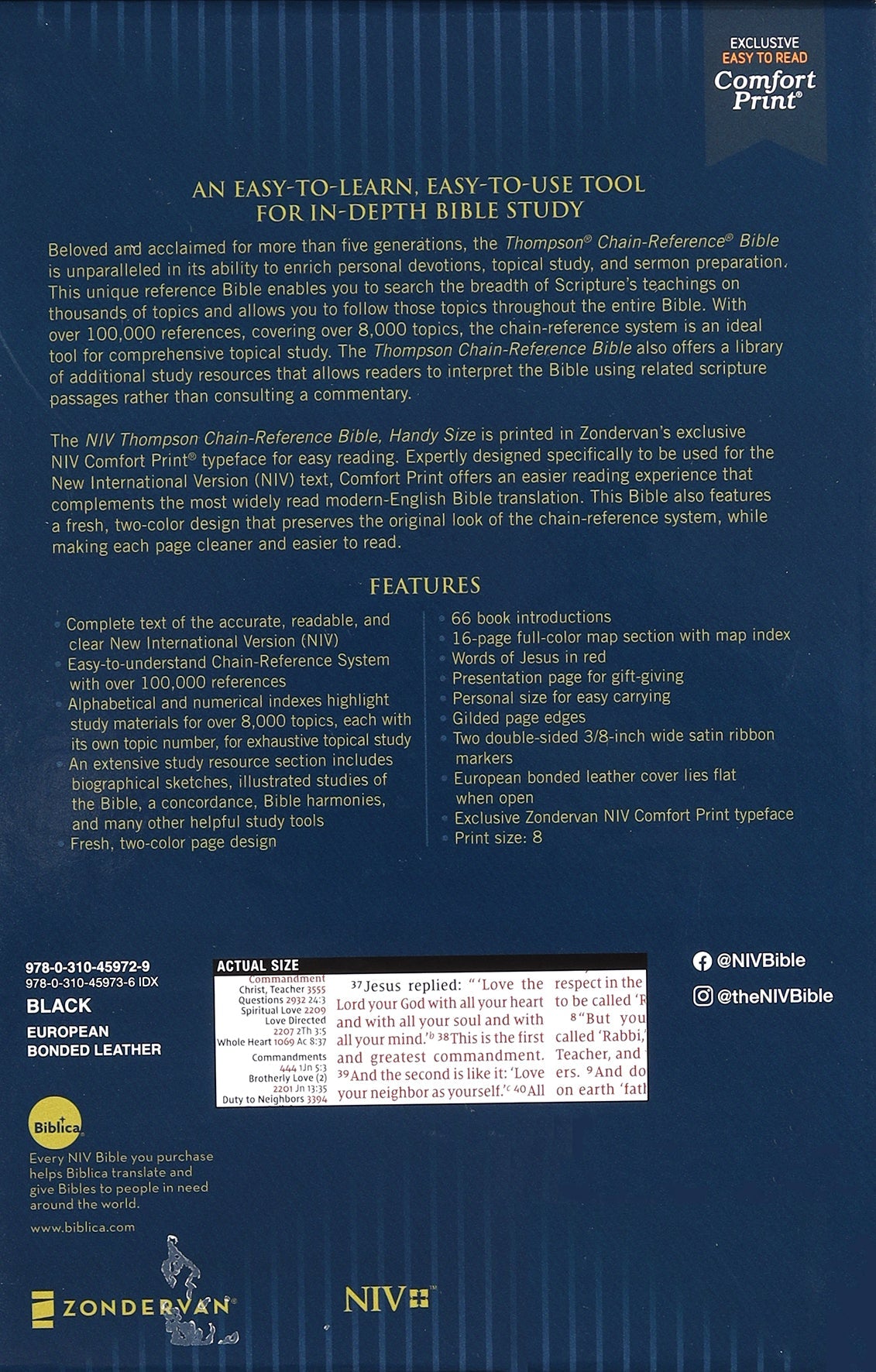 Front cover of NIV Thomson Chain-Reference Bible in handy size black with red letters