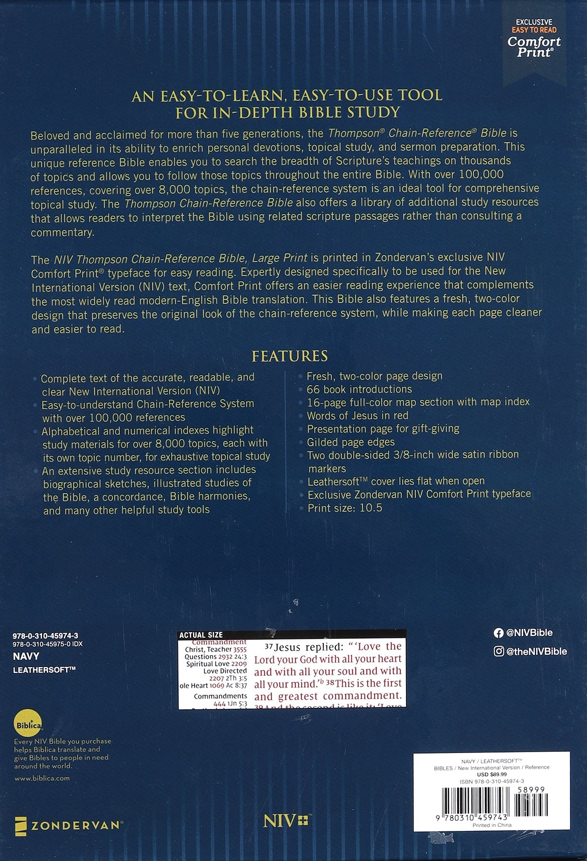 NIV Large Print Navy Chain-Reference Bible with red letter edition and chain reference system.