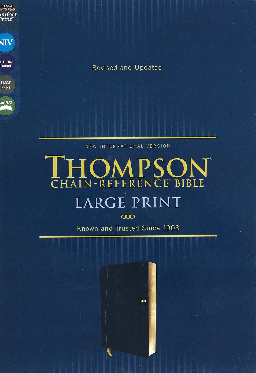 NIV Large Print Navy Chain-Reference Bible pages with red letter edition and navigation.