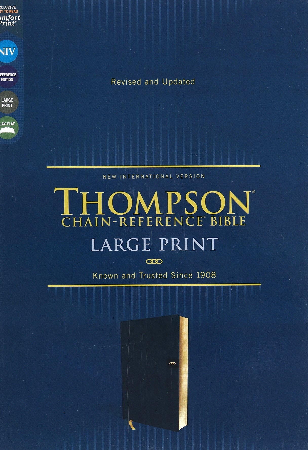 NIV Large Print Navy Chain-Reference Bible pages with red letter edition and navigation.
