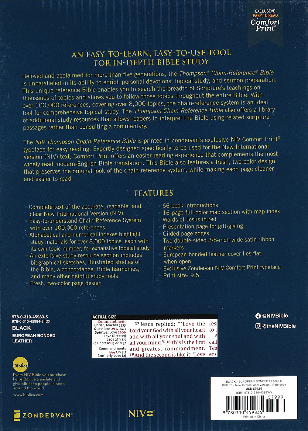 Back cover of NIV Thompson Chain-Reference Bible, black leather cover with red letter edition