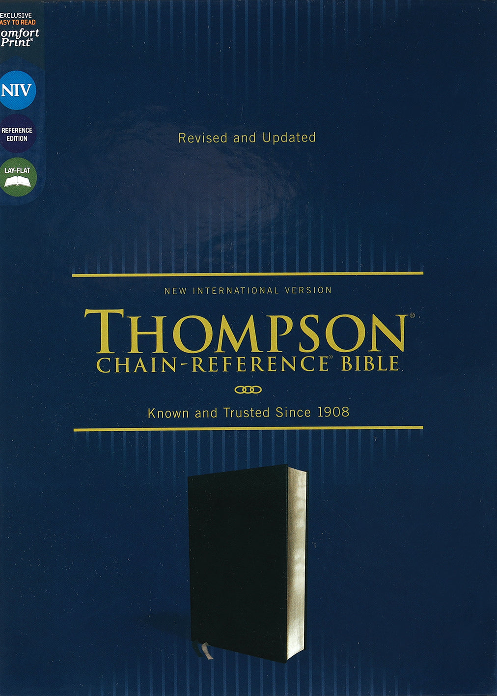 NIV Thompson Chain-Reference Bible, black leather cover with red letter edition, opened to a page with notes