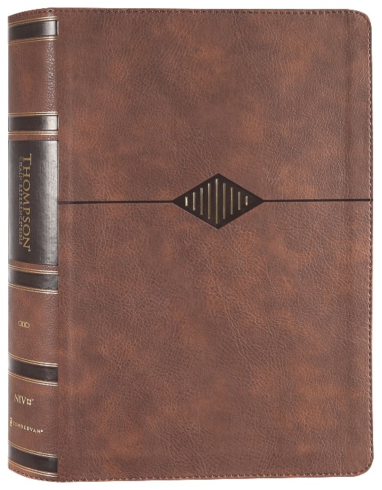 Close-up of brown leather NIV Thompson Chain-Reference Bible red letter edition