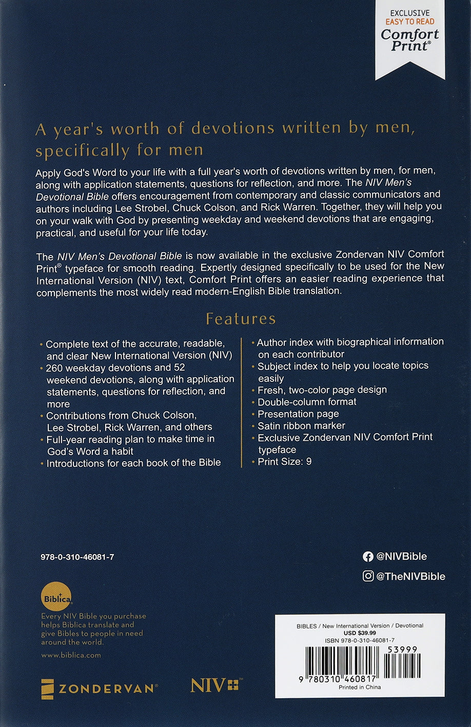 Close-up of NIV Men's Devotional Bible in Black Letter Edition