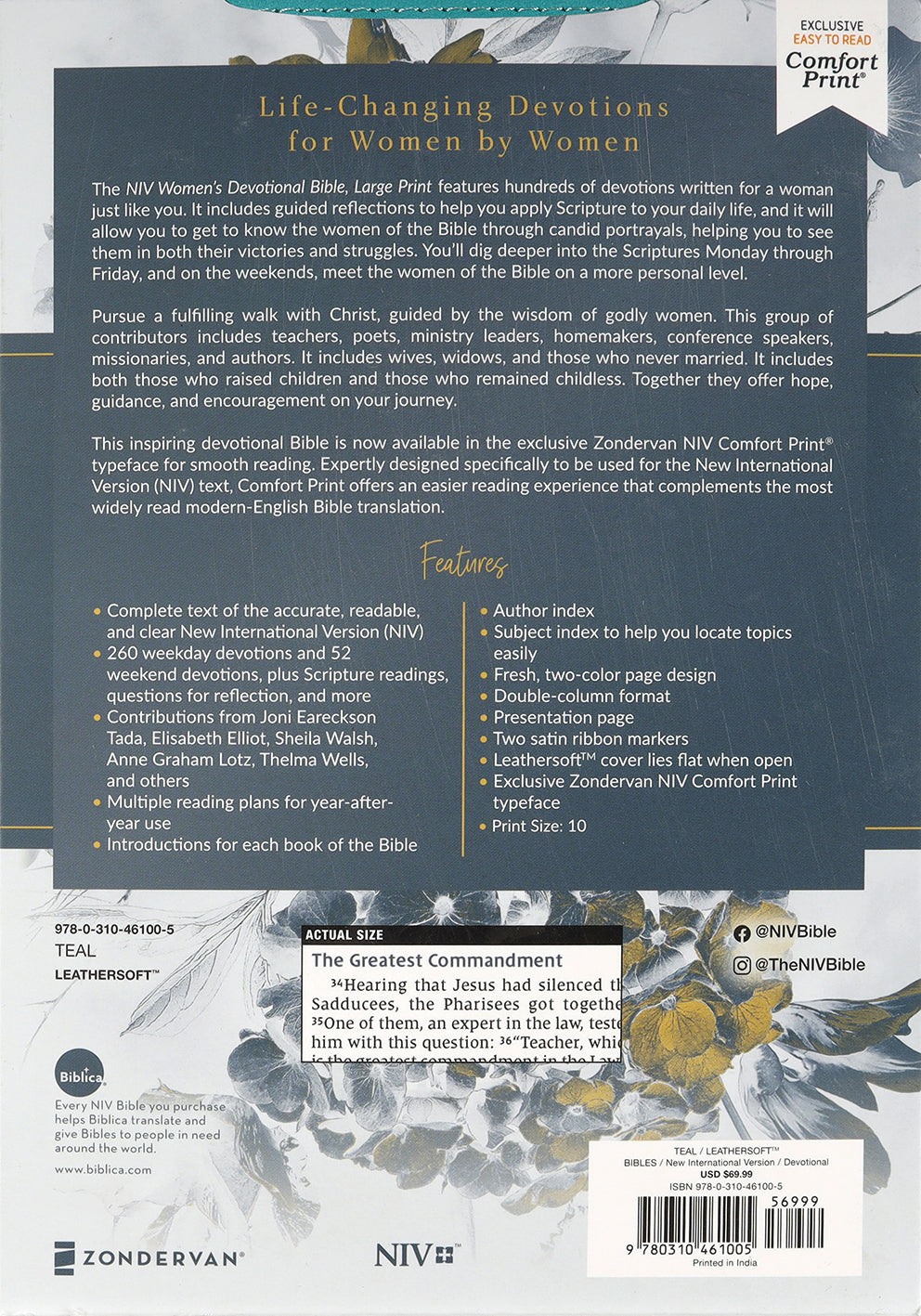 Beautiful Teal Women's Devotional Bible in Large Print with black letter edition