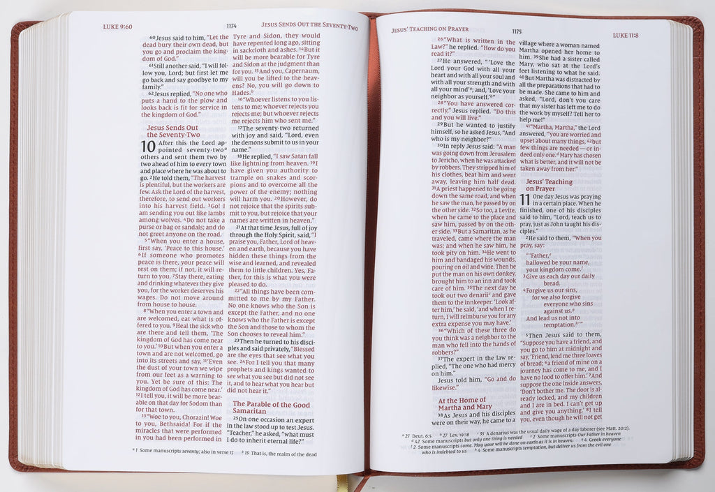 NIV Wide Margin Journaling Bible Brown Leather Edition details with red letter edition highlights