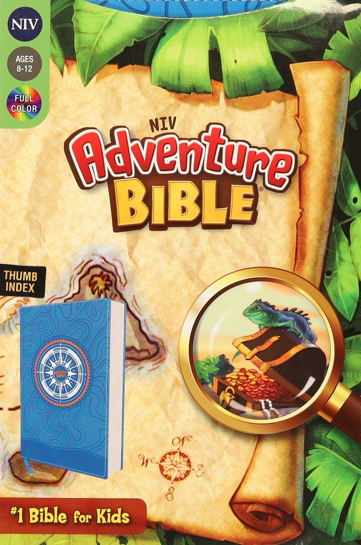 NIV Adventure Bible with blue full-color thumb indexed tabs and open pages