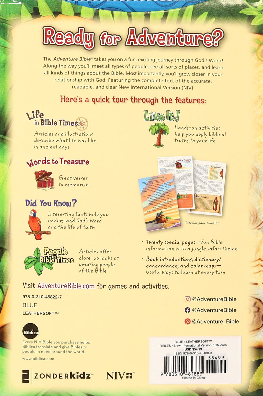 Front cover of NIV Adventure Bible with blue full-color thumb indexed tabs