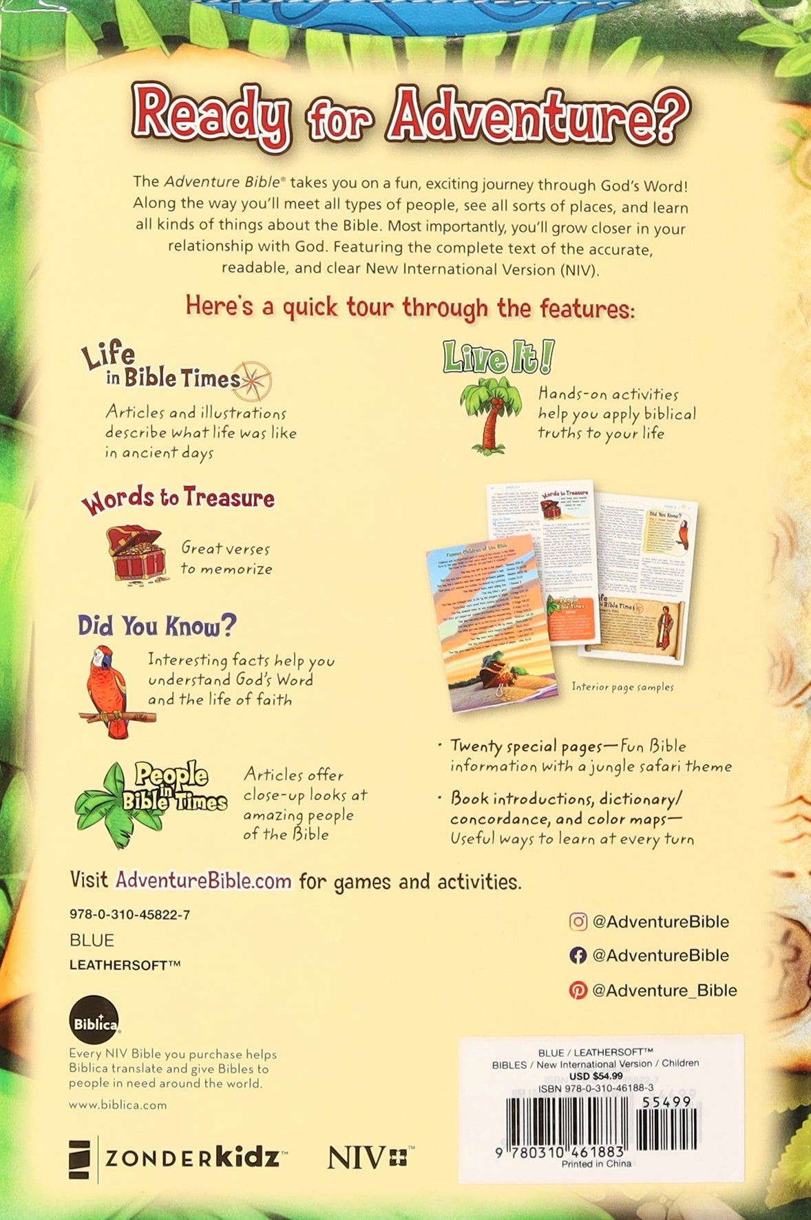 Front cover of NIV Adventure Bible with blue full-color thumb indexed tabs