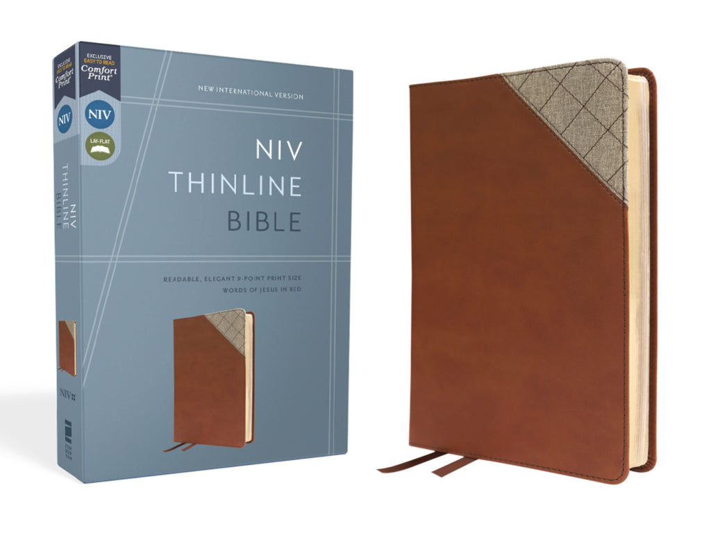 NIV Thinline Bible in red letter edition, brown cover