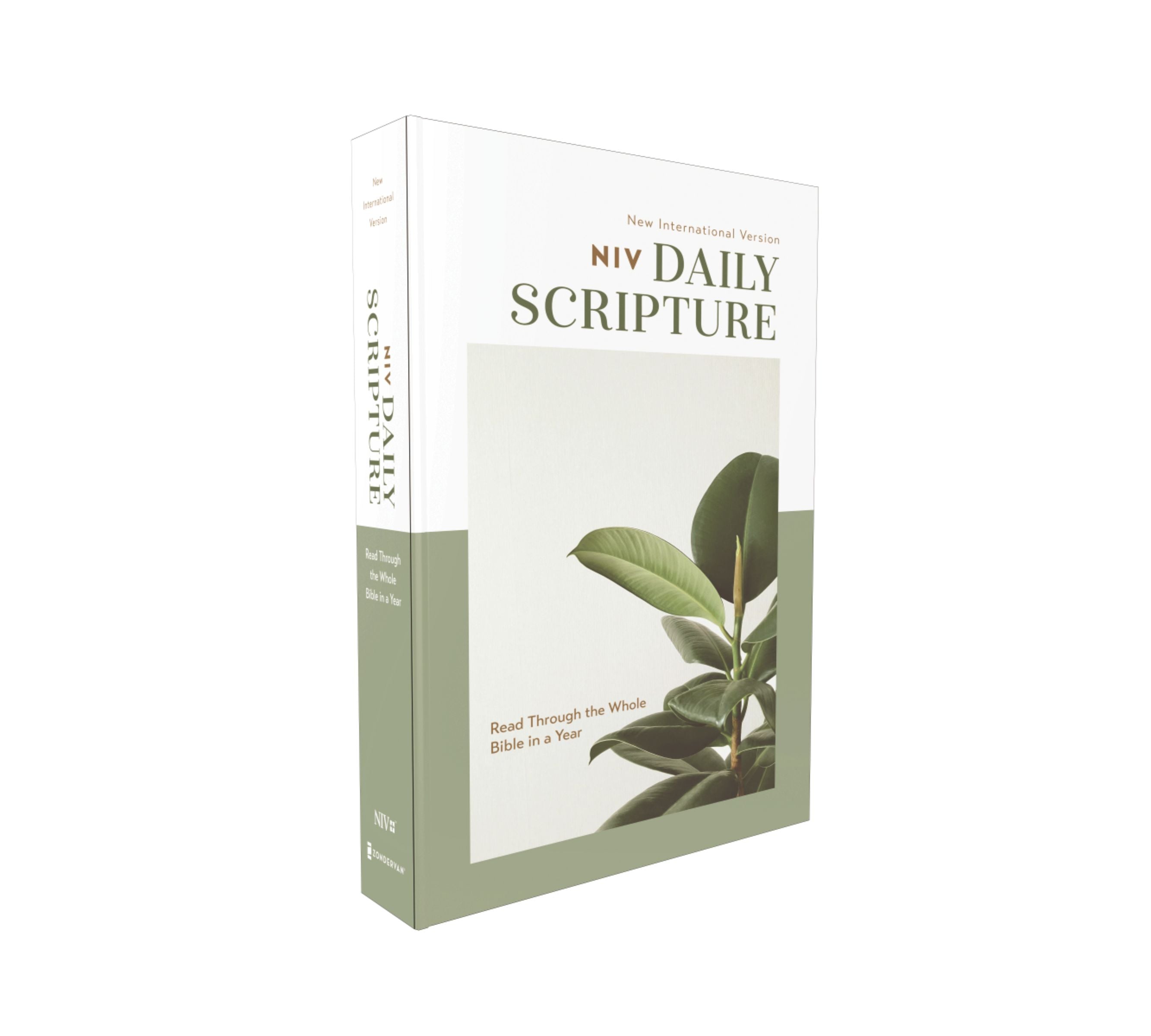 NIV Daily Scripture Bible, a white and sage Bible for daily devotionals and scripture reading.