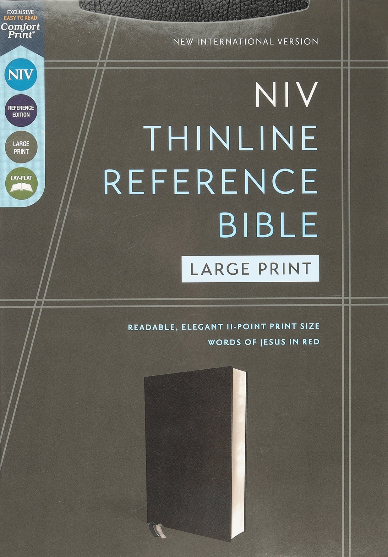 NIV Thinline Reference Bible in large print with black cover and red letter edition