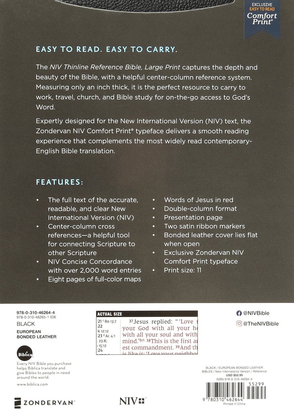 Close-up of NIV Thinline Reference Bible large print black cover with red letter edition