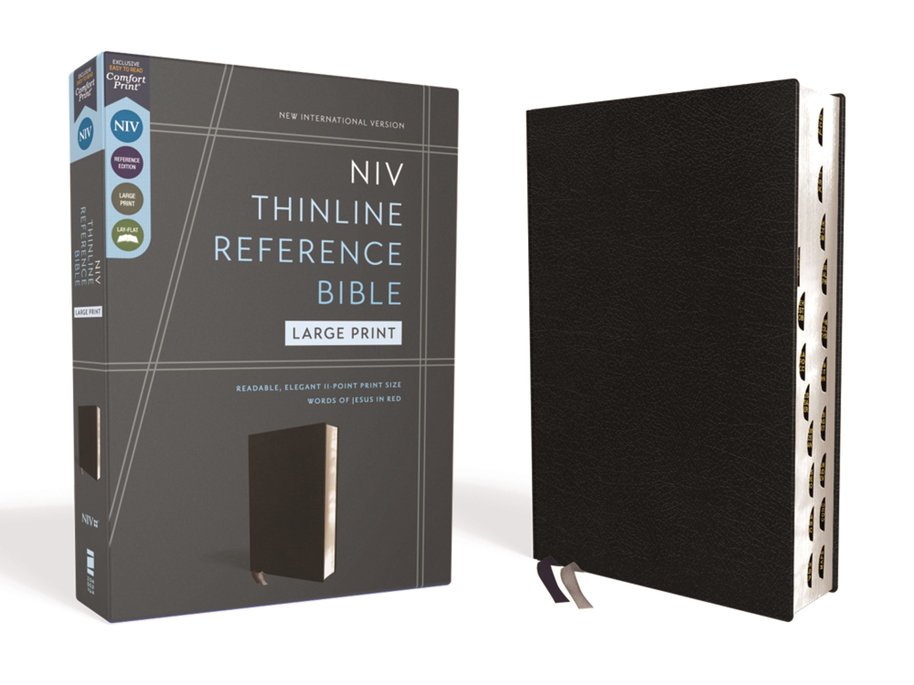NIV New International Version Thinline Reference Large Print Black Leather Bible with Red Letter Edition and Thumb Indexed