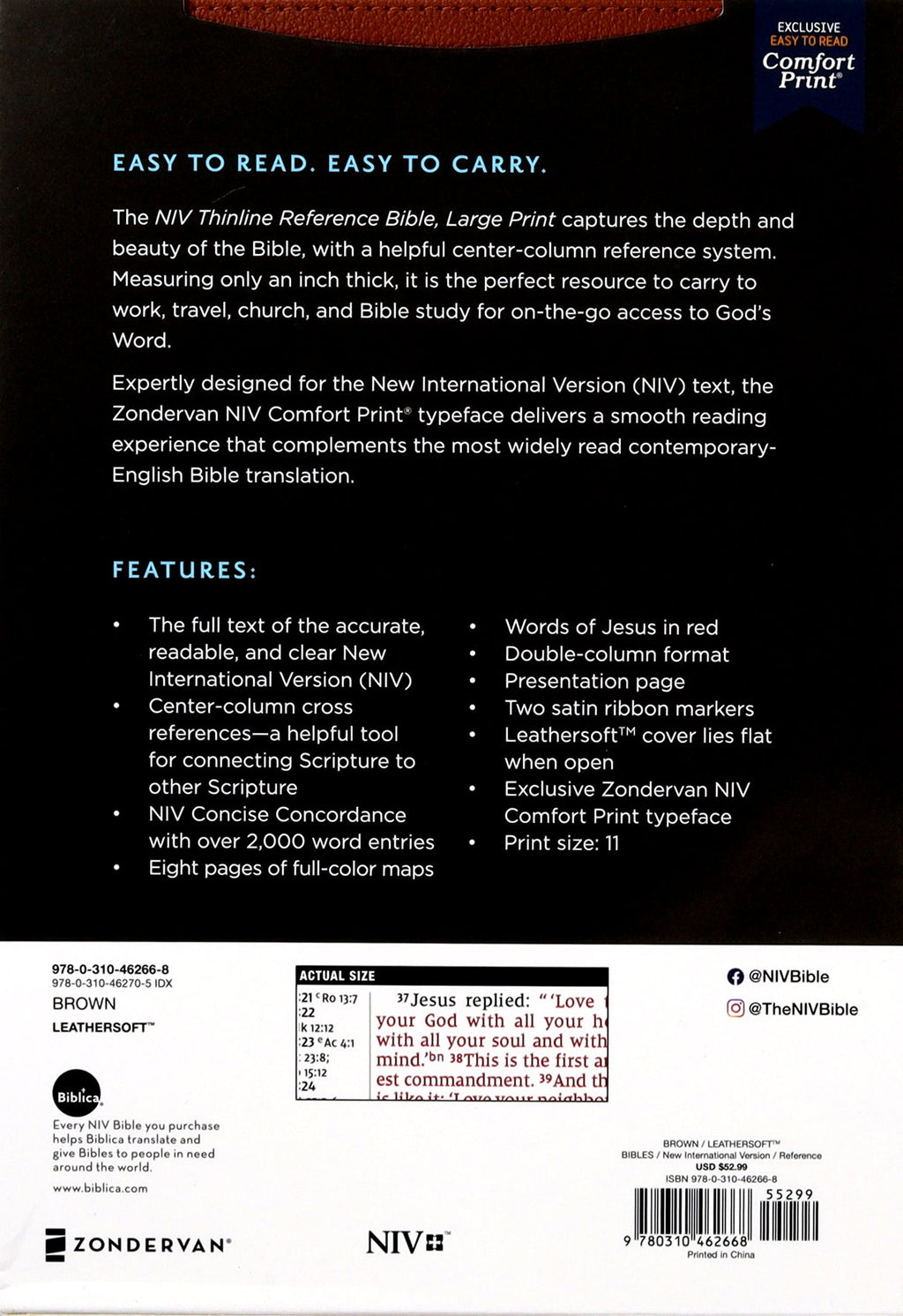 Close-up of NIV Thinline Reference Bible Large Print Brown (Red Letter Edition)