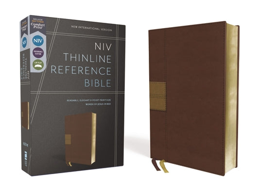 NIV Thinline Reference Bible, Red Letter Edition, close-up of brown leather cover