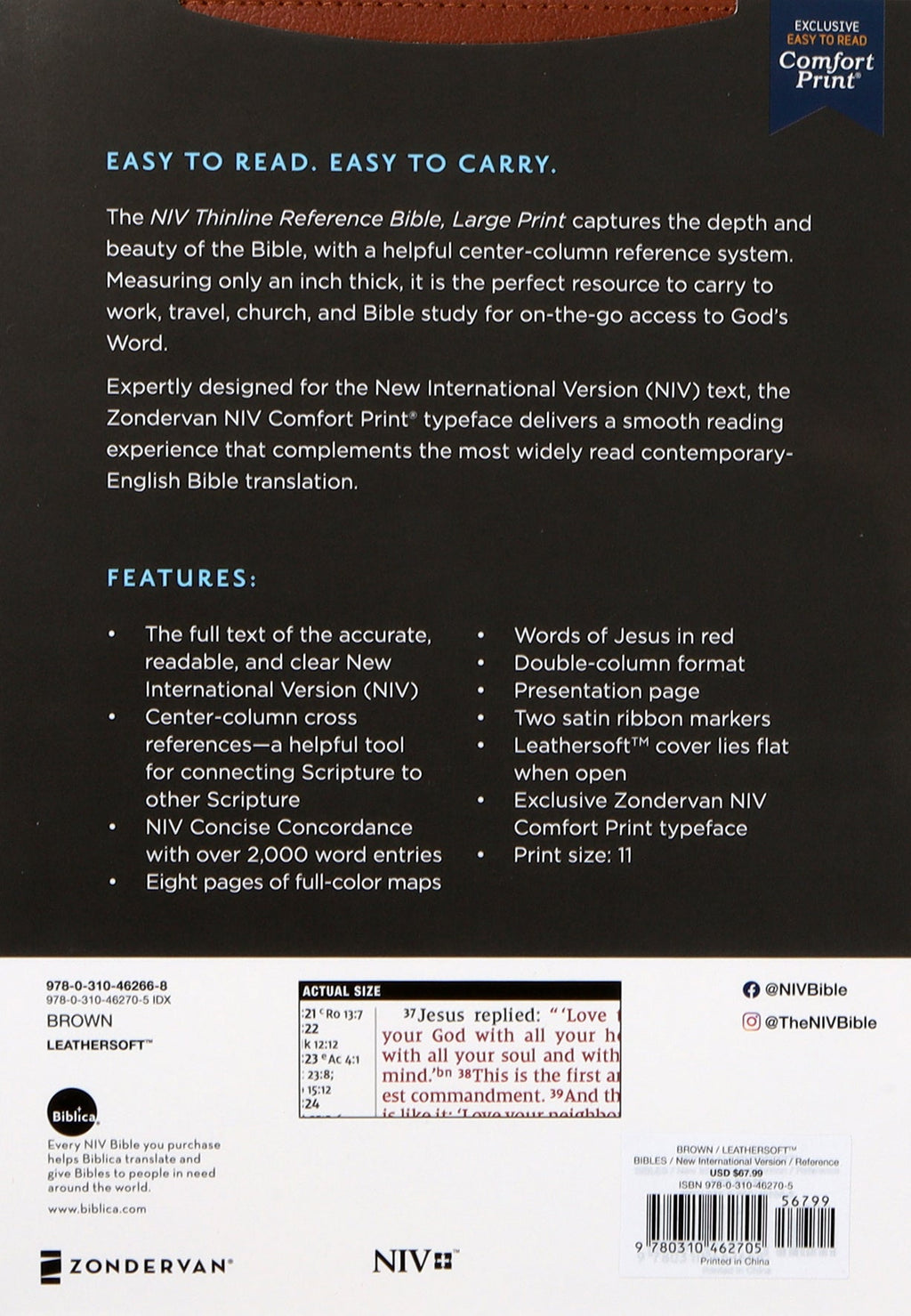 Close-up of NIV Thinline Reference Bible, Large Print, Brown Indexed