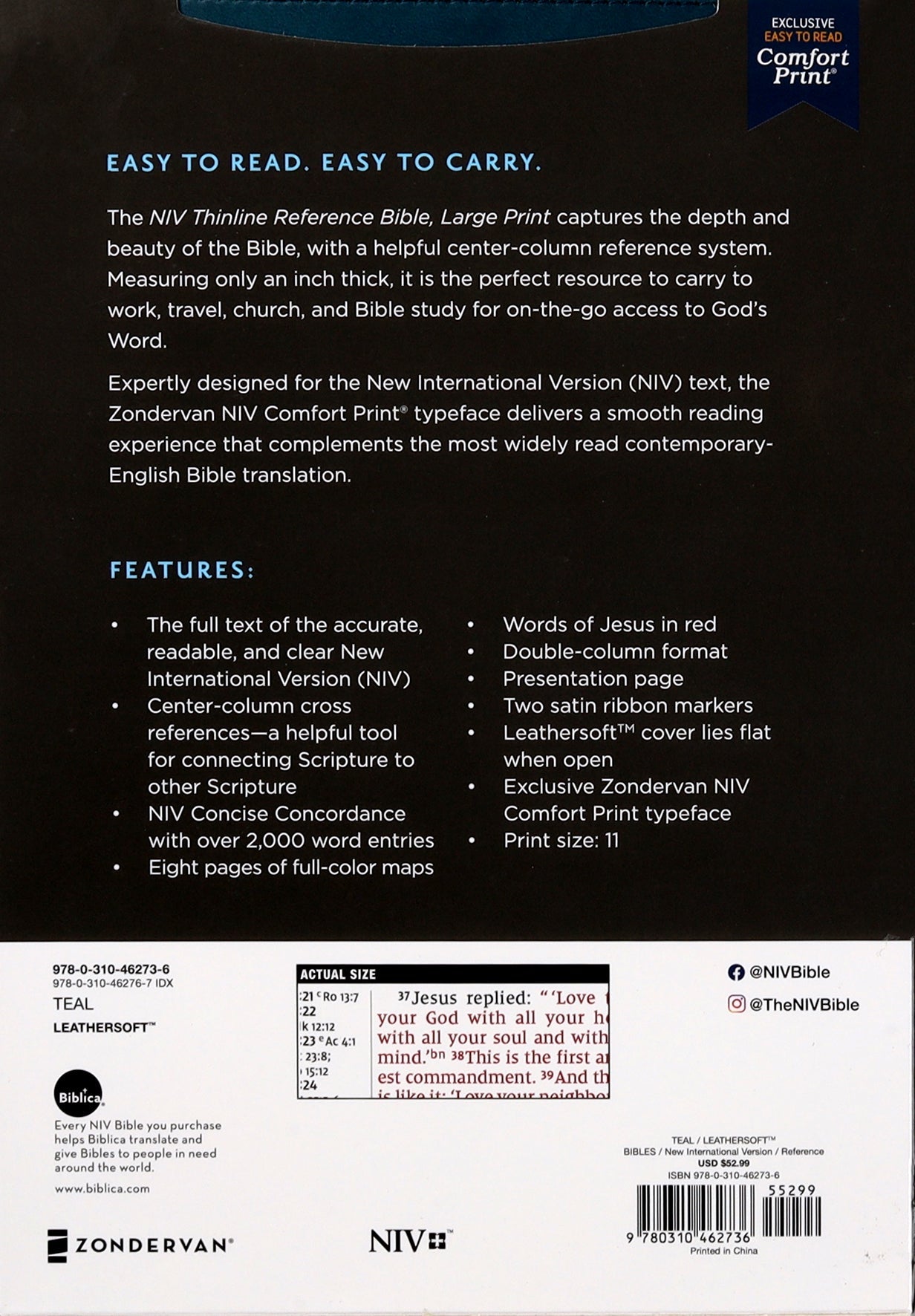 Large Print NIV Thinline Reference Bible with Teal cover and Red Letter Edition