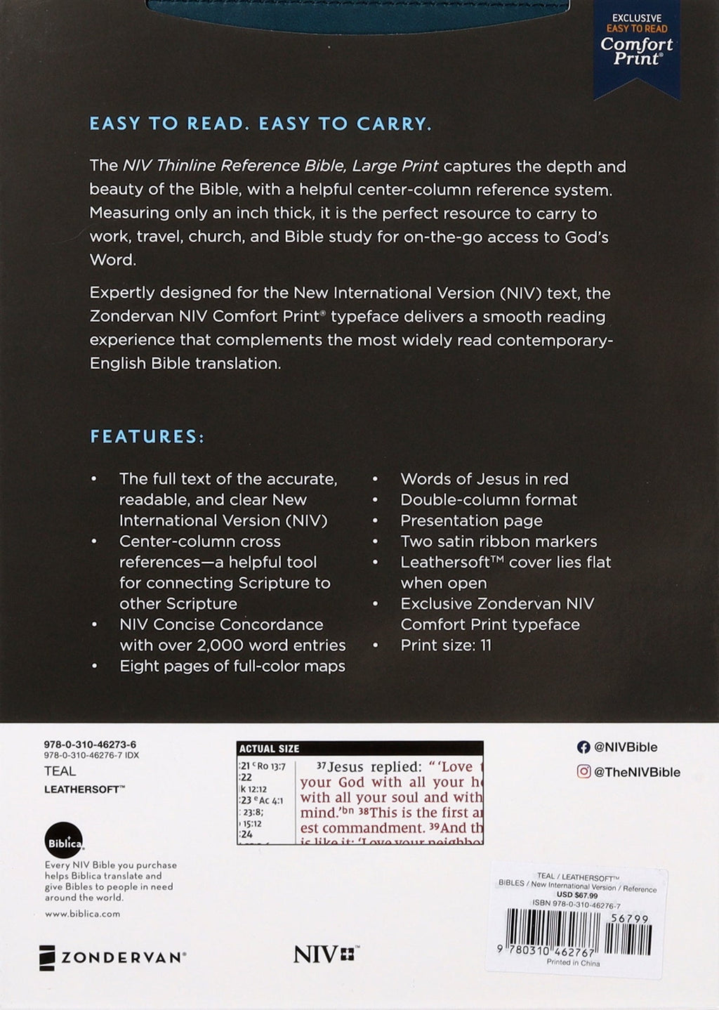 Close-up of NIV Thinline Reference Bible's large print and indexed pages with red letter edition