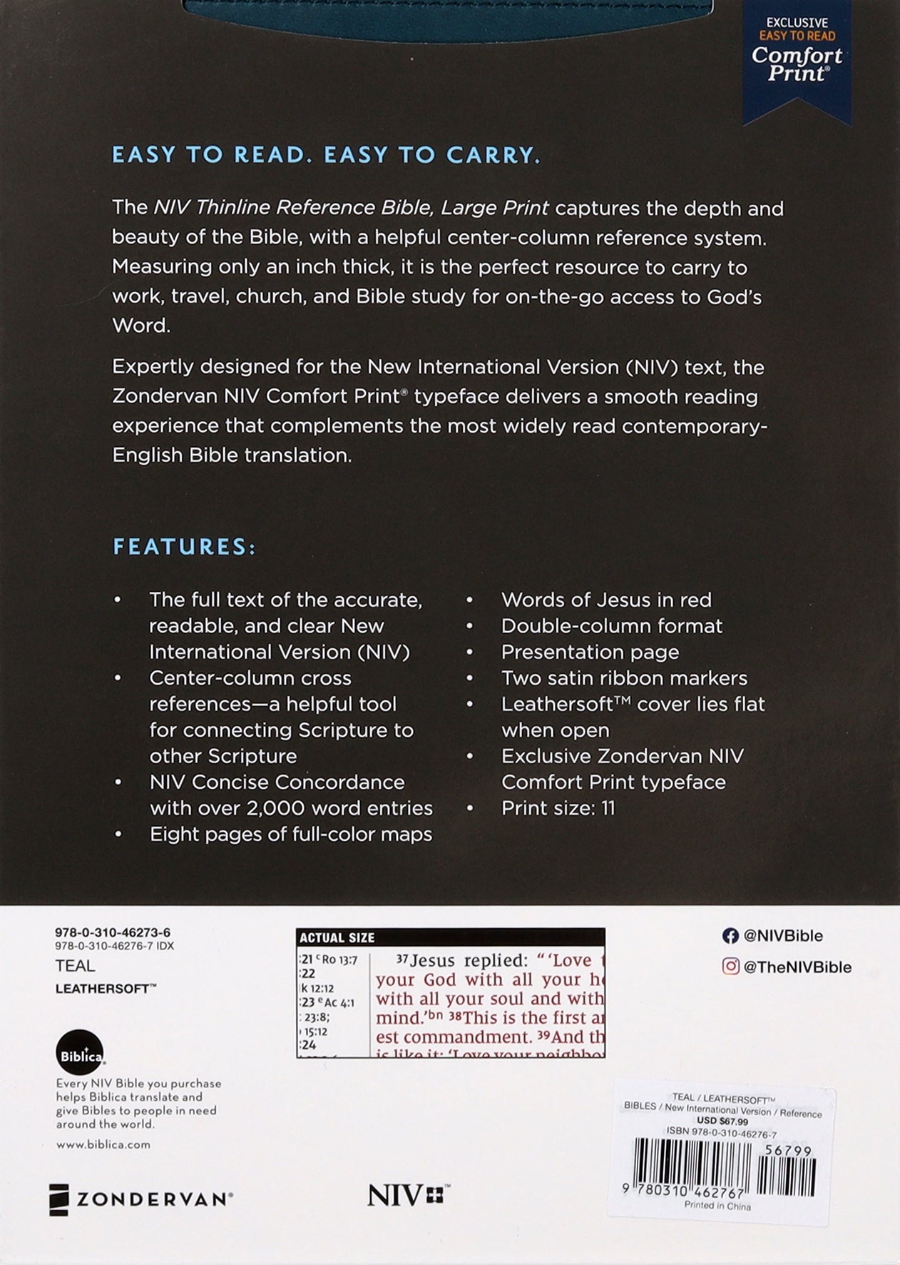 Close-up of NIV Thinline Reference Bible's large print and indexed pages with red letter edition