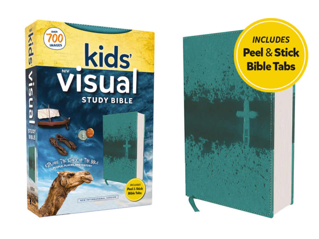 NIV Kids' Visual Study Bible with colorful peel and stick tabs for easy navigation.