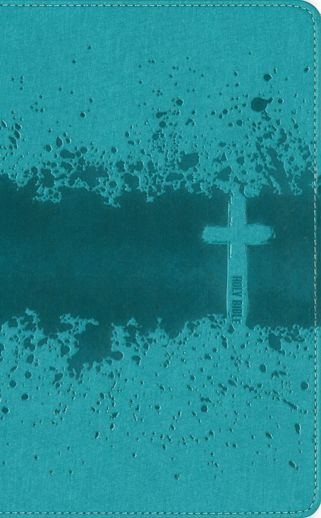 Close-up of NIV Kids' Visual Study Bible teal interior with peel and stick tabs.