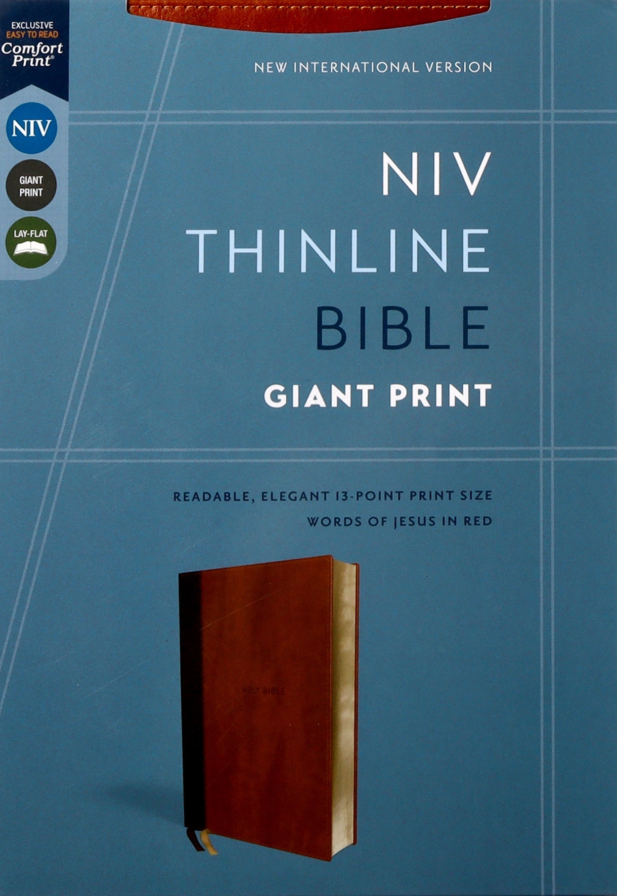 NIV Thinline Bible with giant print, brown cover, and red letter edition