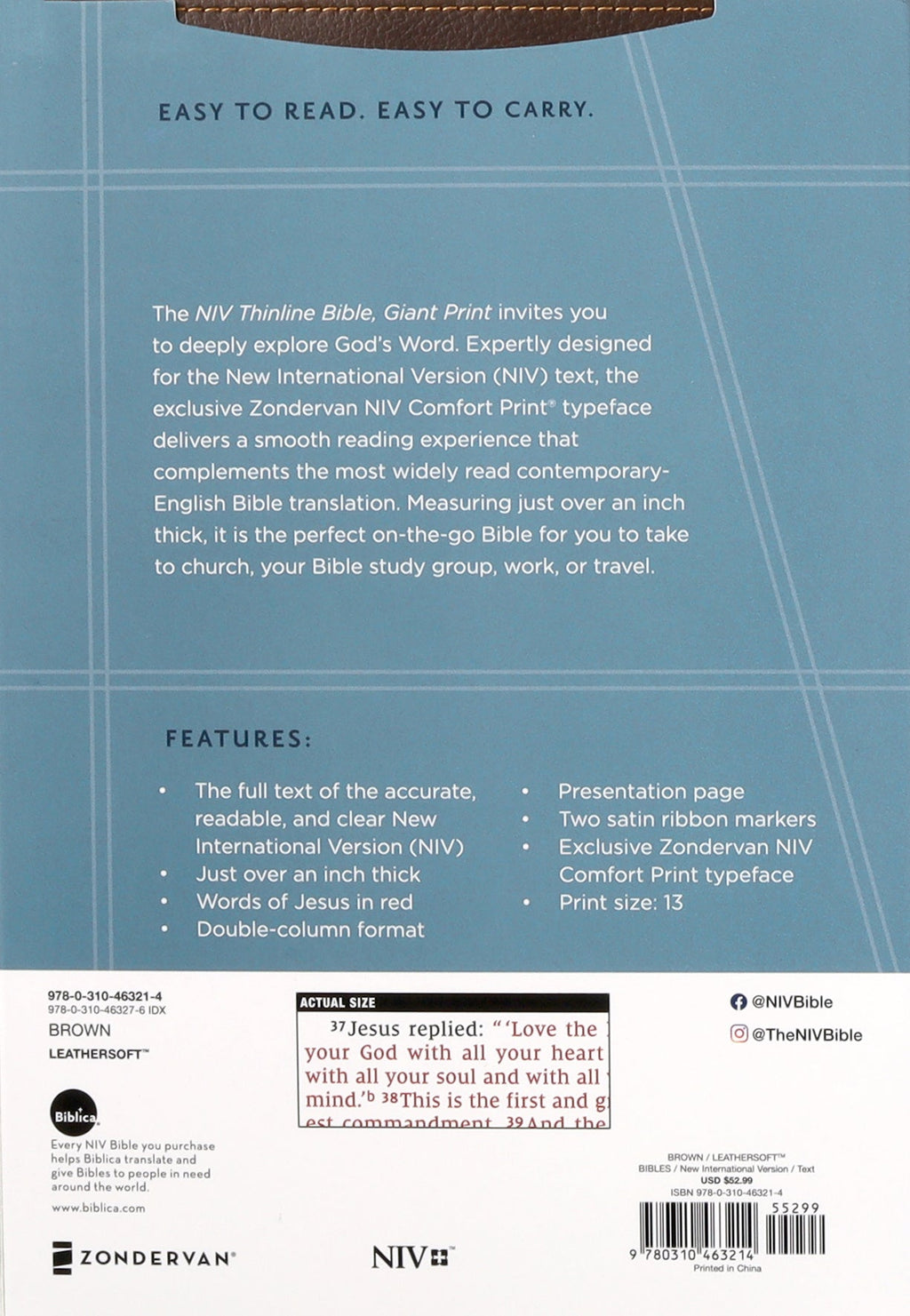 NIV Thinline Bible features giant print and a brown cover with red letter edition