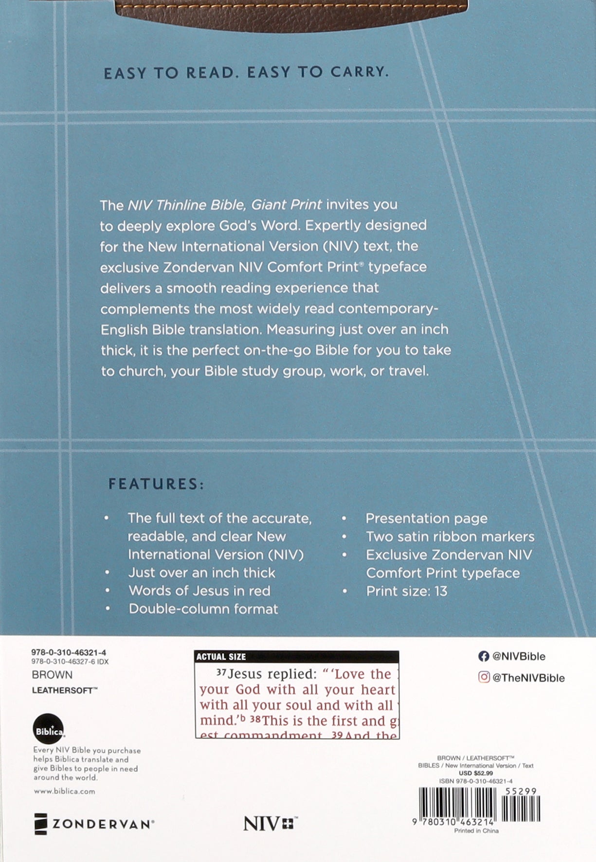 NIV Thinline Bible features giant print and a brown cover with red letter edition
