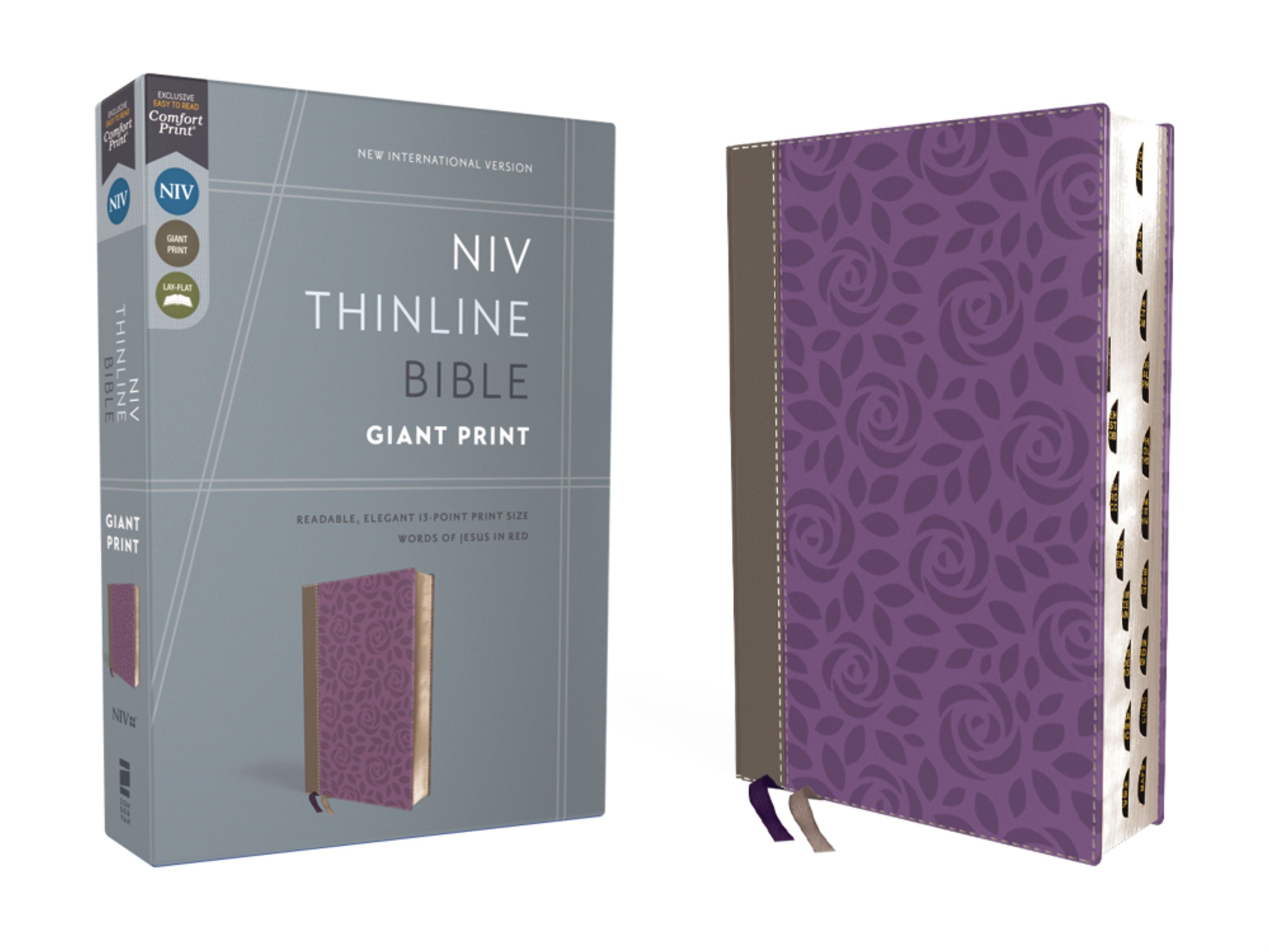Close-up image of NIV Thinline Giant Print Bible in gray and purple, with thumb-indexing and red letter edition