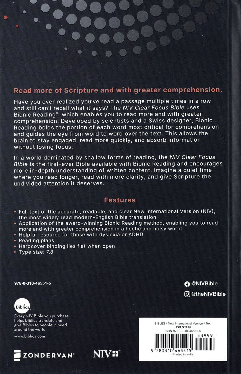 Close-up of the NIV Clear Focus Bible, charcoal and copper edition